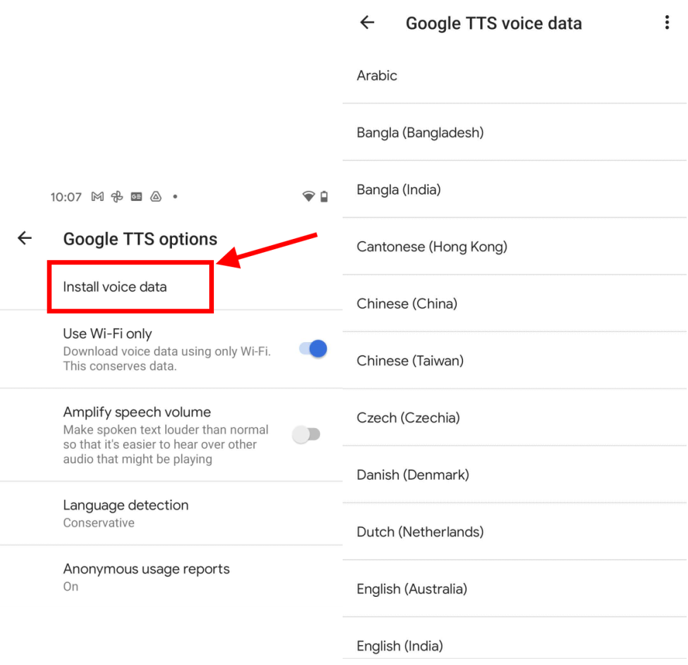 Tap Install voice data then select a language